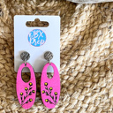  Hand Painted Hot Pink Engraved Floral Dangle Earrings- Summer Drop Birch Wood Earrings 