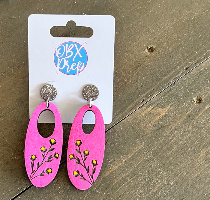 Hand Painted Hot Pink Engraved Floral Dangle Earrings- Summer Drop Birch Wood Earrings 