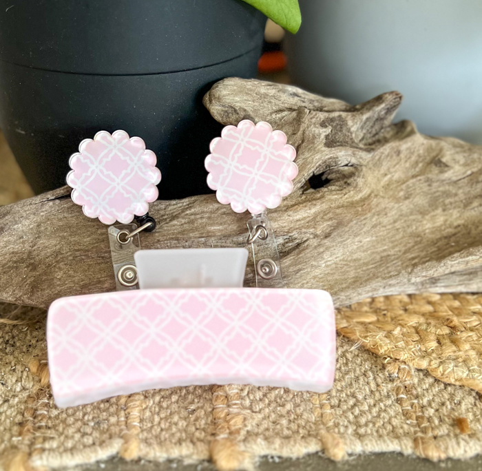 Pink Trellis Hair Claw | Preppy Pink & White Hair Clip | Coastal Hair Accessory | Large Acrylic Hair Claw