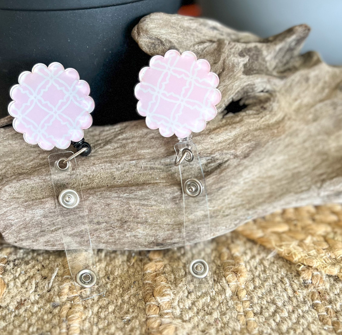 Pink Trellis Scalloped Badge Reel | Preppy Pink ID Badge Holder | Retractable Badge Reel | Nurse Teacher Gift