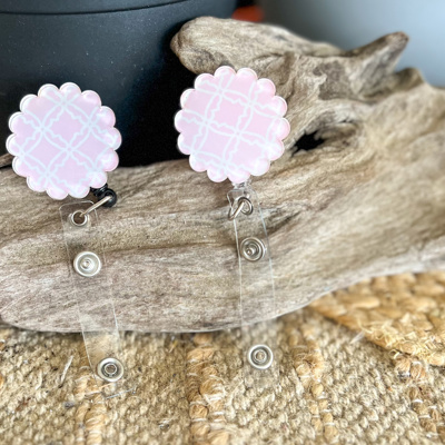 Pink Trellis Scalloped Badge Reel | Preppy Pink ID Badge Holder | Retractable Badge Reel | Nurse Teacher Gift