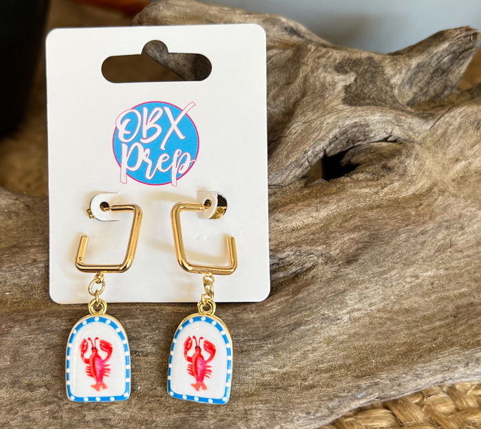 Preppy Lobster Drop Earrings | Gold Square Huggie Hoops | Red White & Blue Coastal Earrings | Outer Banks Jewelry