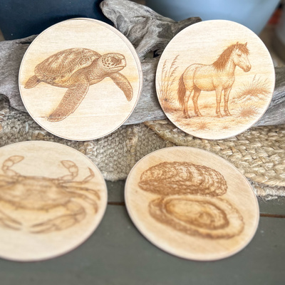 Outer Banks Wildlife Wood Coasters | Blue Crab, Oyster, Sea Turtle & Corolla Wild Horse | Engraved OBX Coaster Set