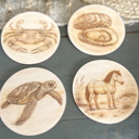 Set of all 4  Outer Banks Wildlife Wood Coasters | Blue Crab, Oyster, Sea Turtle & Corolla Wild Horse | Engraved OBX Coaster Set