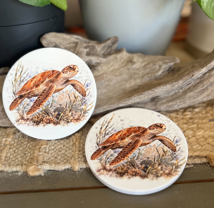 Coastal Wildlife Ceramic Coasters | Blue Crab, Oyster, Loggerhead & Corolla Wild Pony 