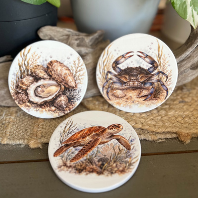 Coastal Wildlife Ceramic Coasters | Blue Crab, Oyster, Loggerhead & Corolla Wild Pony 