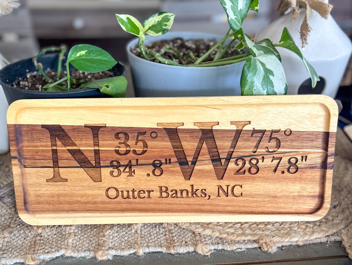 Outer Banks Coordinates Acacia Serving Tray | Custom Location or Personalized Coastal Gift