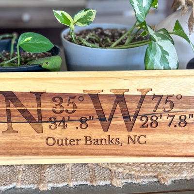 Outer Banks Coordinates Acacia Serving Tray | Custom Location or Personalized Coastal Gift