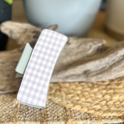 Grey Gingham Hair Claw | 4.5 Inch Acrylic Claw Clip | Neutral Coastal Hair Accessory
