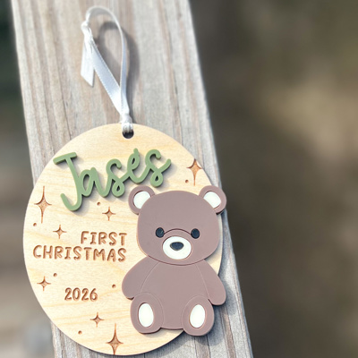 Personalized Baby’s First Christmas Teddy Bear Ornament | Wood and Acrylic Baby Keepsake