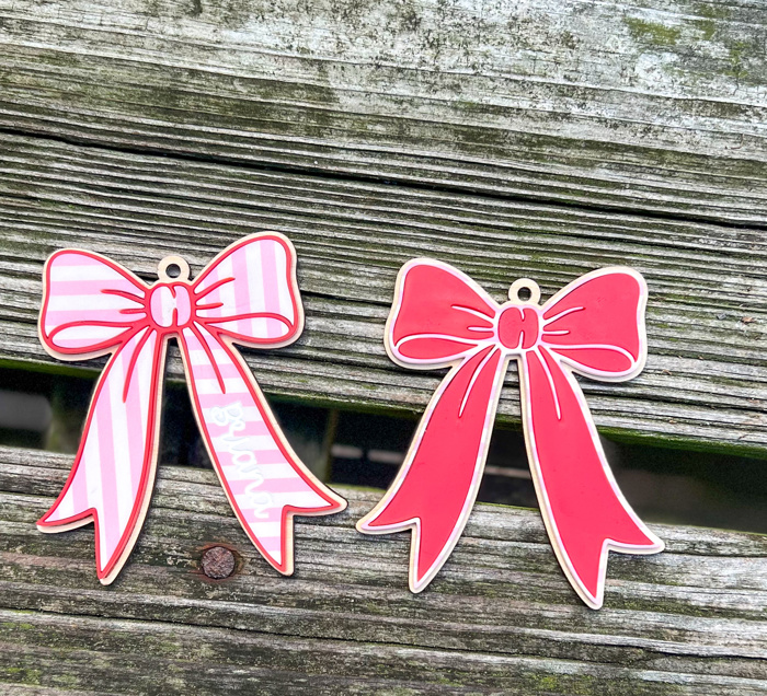 Personalized Bow Christmas Ornament, Pink and Red Preppy Ornament, Striped Acrylic Bow, Custom Name Christmas Keepsake