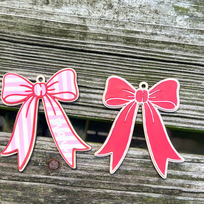 Personalized Bow Christmas Ornament, Pink and Red Preppy Ornament, Striped Acrylic Bow, Custom Name Christmas Keepsake