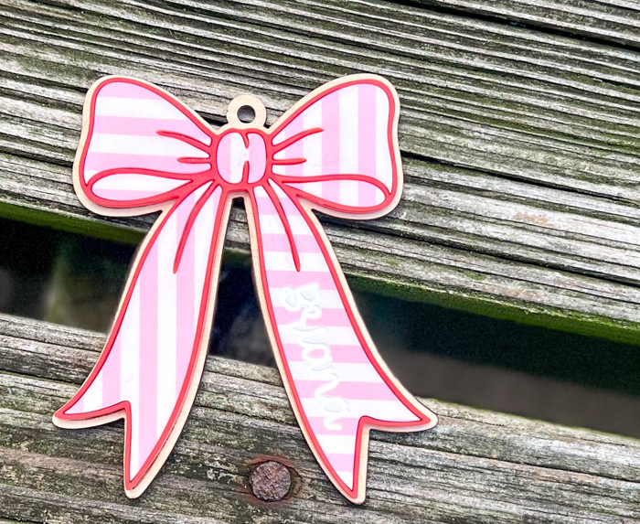 Personalized Bow Christmas Ornament, Pink and Red Preppy Ornament, Striped Acrylic Bow, Custom Name Christmas Keepsake