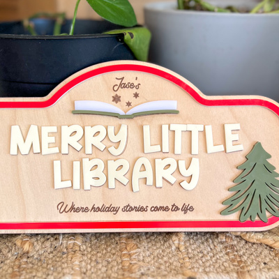 Personalized Merry Little Library Sign | Kids Christmas Reading Nook Decor | Pretend Play Library | Custom Holiday Book Sign