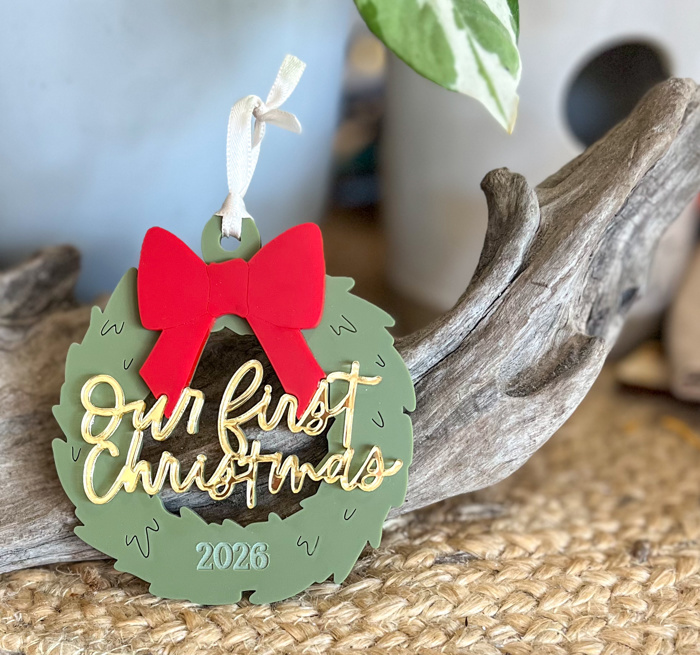 Our First Christmas Ornament | Acrylic Wreath with Bow | Gold Mirror Lettering | Dated Christmas Keepsake
