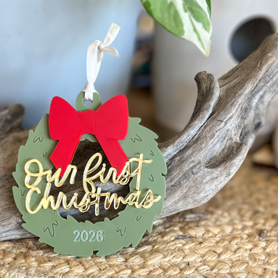 Our First Christmas Ornament | Acrylic Wreath with Bow | Gold Mirror Lettering | Dated Christmas Keepsake