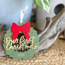  Our First Christmas Ornament | Acrylic Wreath with Bow | Gold Mirror Lettering | Dated Christmas Keepsake