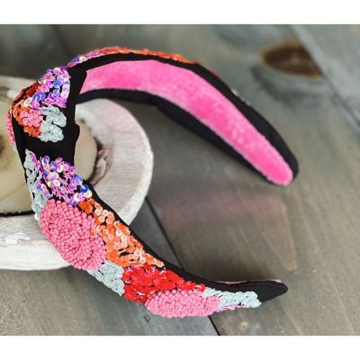 Pink Red Roses Embroidered Seed Beaded Top Knot Headband 