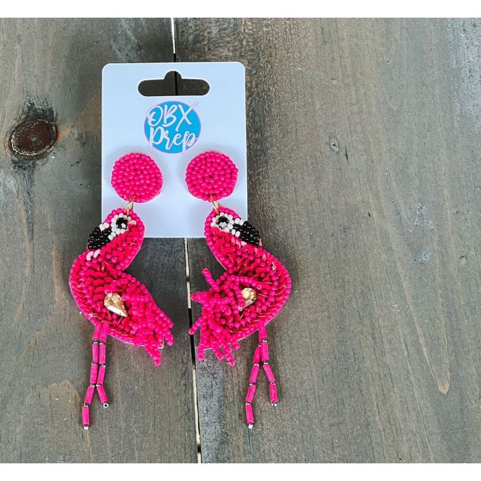 Long Flamingo Seed Bead Dangle Earrings | Handmade Summer Statement Jewelry | Pink Beaded Flamingo Earrings | Tropical Gift for Her
