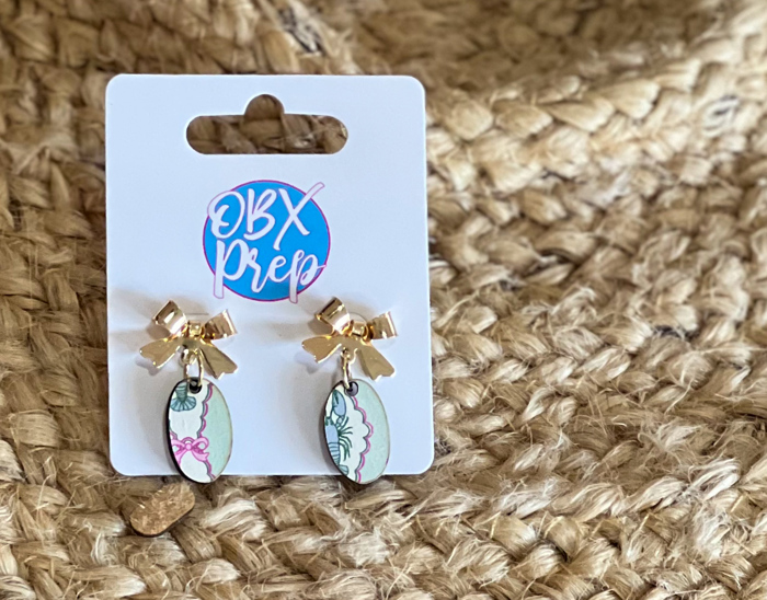  Lobster Coquette Earrings – Gold Bow + Soft Blue Print