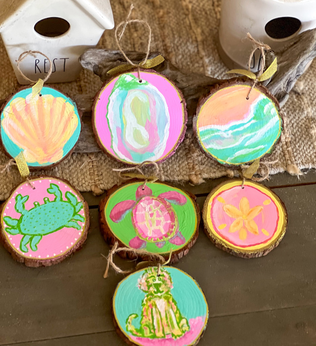 Hand-Painted Coastal Ornament Set | Grandmillennial Preppy Christmas Decor | OBX Handmade Wood Slices