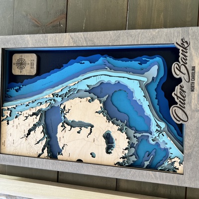 OBX Bathymetric Wood Map, Outer Banks Topographical Wood Wall Map and Home Decor