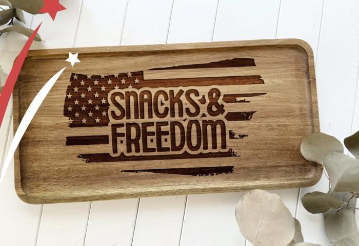 Patriotic Charcuterie Board Snacks and Freedom Tray, America 250 BBQ Serving Tray, Engraved Acacia Wood Snack Board OBX