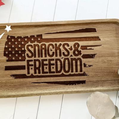 Patriotic Charcuterie Board Snacks and Freedom Tray, America 250 BBQ Serving Tray, Engraved Acacia Wood Snack Board OBX
