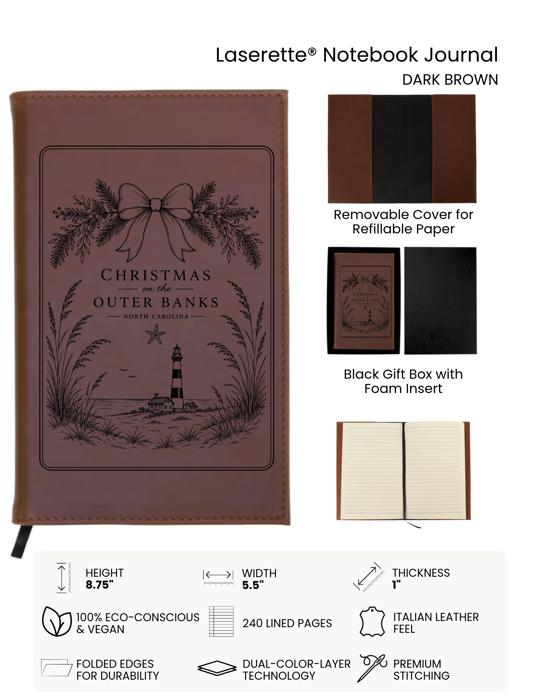 Christmas on the Outer Banks Journal | Engraved Leatherette Notebook | Refillable Coastal Christmas Gift