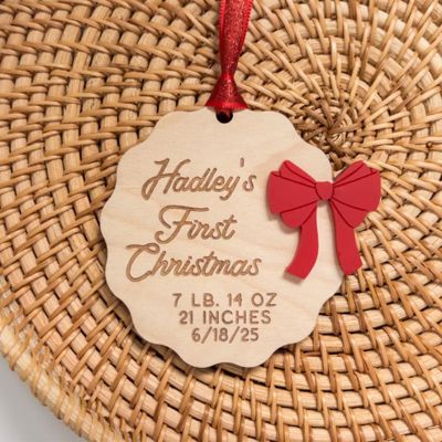 Personalized Baby’s First Christmas Ornament 2025 – Custom Name, Birth Stats, Red Bow – Handmade Wood Keepsake – New Baby Gift – OBX Made