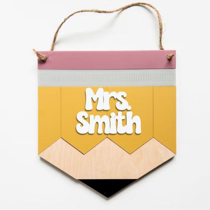 Personalized Teacher Pencil Sign – Hand-Painted Birch Wood – Custom Classroom Door Hanger – OBX Handmade