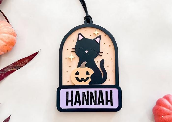 Personalized Black Cat & Pumpkin Halloween Ornament, Custom Boo Basket Tag