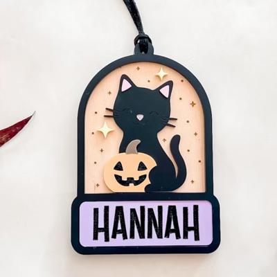 Personalized Black Cat & Pumpkin Halloween Ornament, Custom Boo Basket Tag