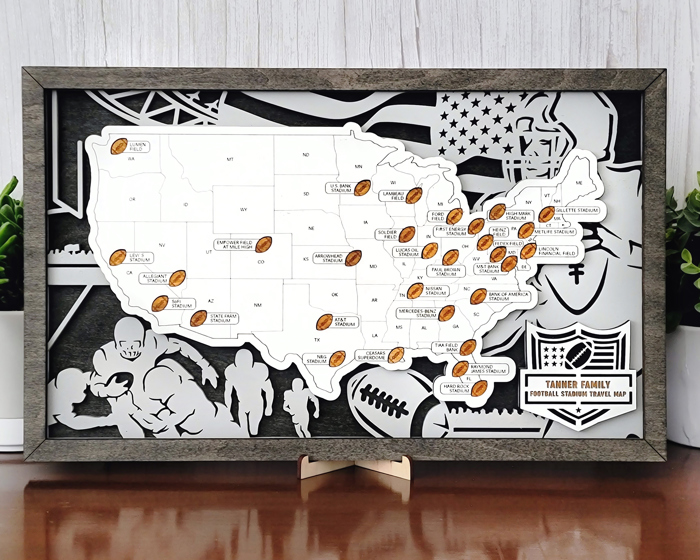 Stadium Series Football Stadium Travel Map – 18" x 10" Engraved Wooden US Map with Customizable Nameplate