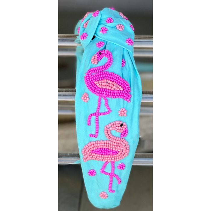 Flamingo Seed Beaded Top Knot Headband – Hand Sewn Summer Hair Accessory