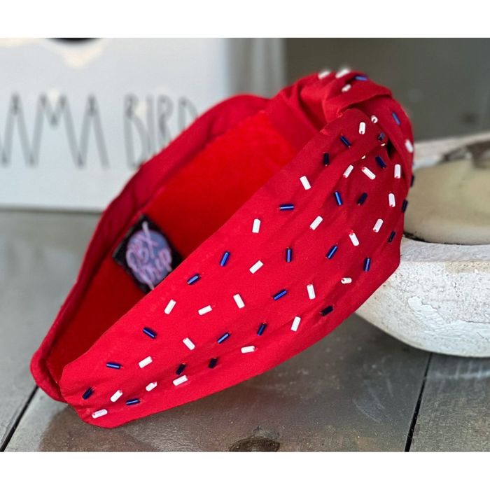 Patriotic Confetti Red Seed Bead Front Knot Headband