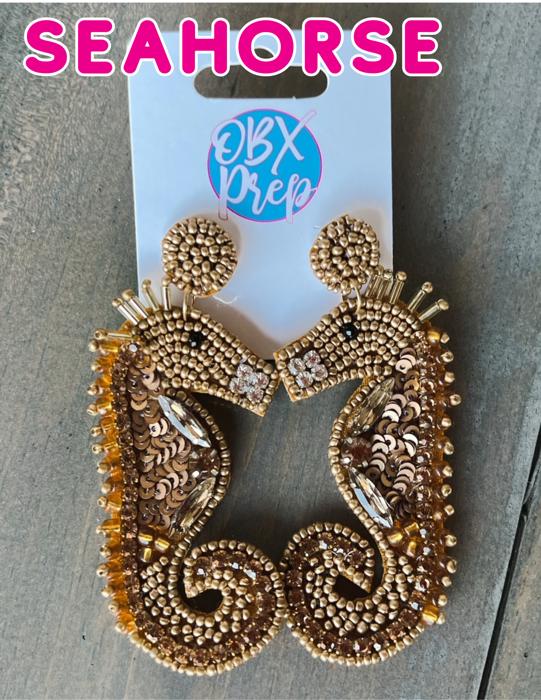 Gold Seahorse Seed Beaded Dangle Earrings