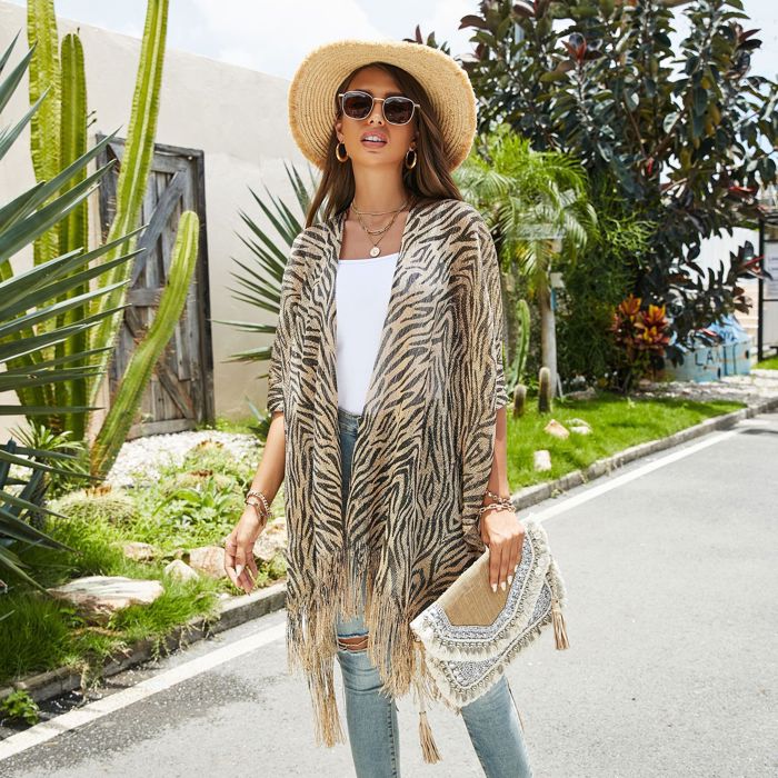 Leopard Fringe Swimwear Kimono