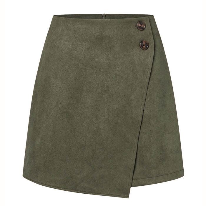 High Waist Zipper Button Solid Color A-Line Skirt