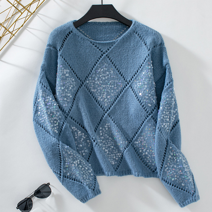 Women Openwork Sequin Knit Sweater