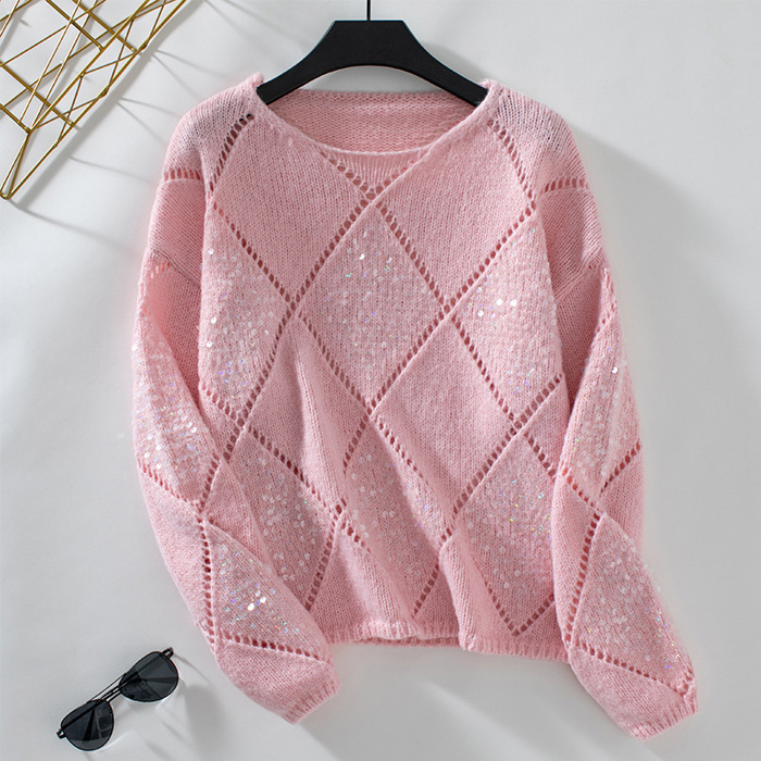 Women Openwork Sequin Knit Sweater