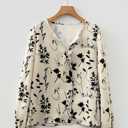  Khaki Botanical Floral Print Split Neck Long Sleeve Blouse