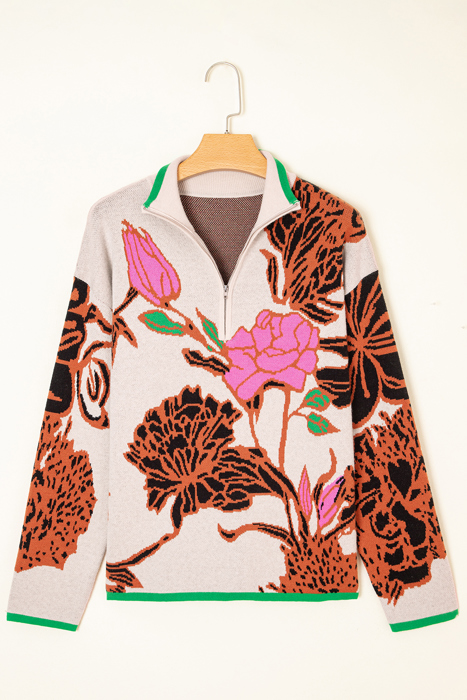 Khaki Floral Pattern Knit Quarter Zip Stand Neck Sweater