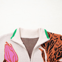  Khaki Floral Pattern Knit Quarter Zip Stand Neck Sweater