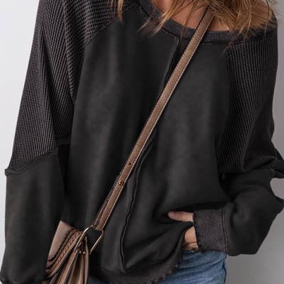 Solid Waffle Knit Patchwork Raglan Sleeve Sweatshirt