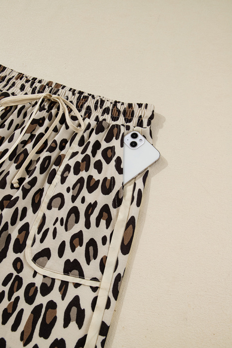 Khaki Leopard Wide Leg Cropped Pocket Pants