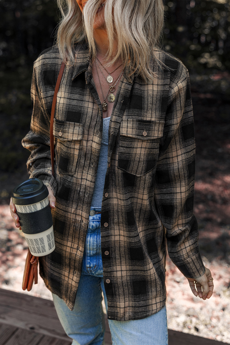 Multicolor Retro Plaid Double Flap Pocket Brushed Shacket