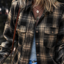  Multicolor Retro Plaid Double Flap Pocket Brushed Shacket