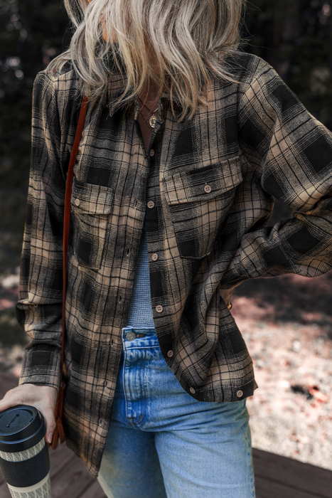Multicolor Retro Plaid Double Flap Pocket Brushed Shacket