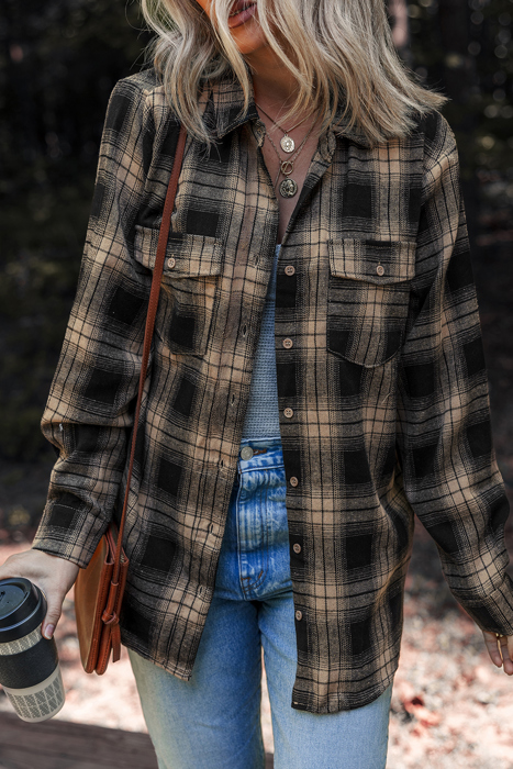 Multicolor Retro Plaid Double Flap Pocket Brushed Shacket